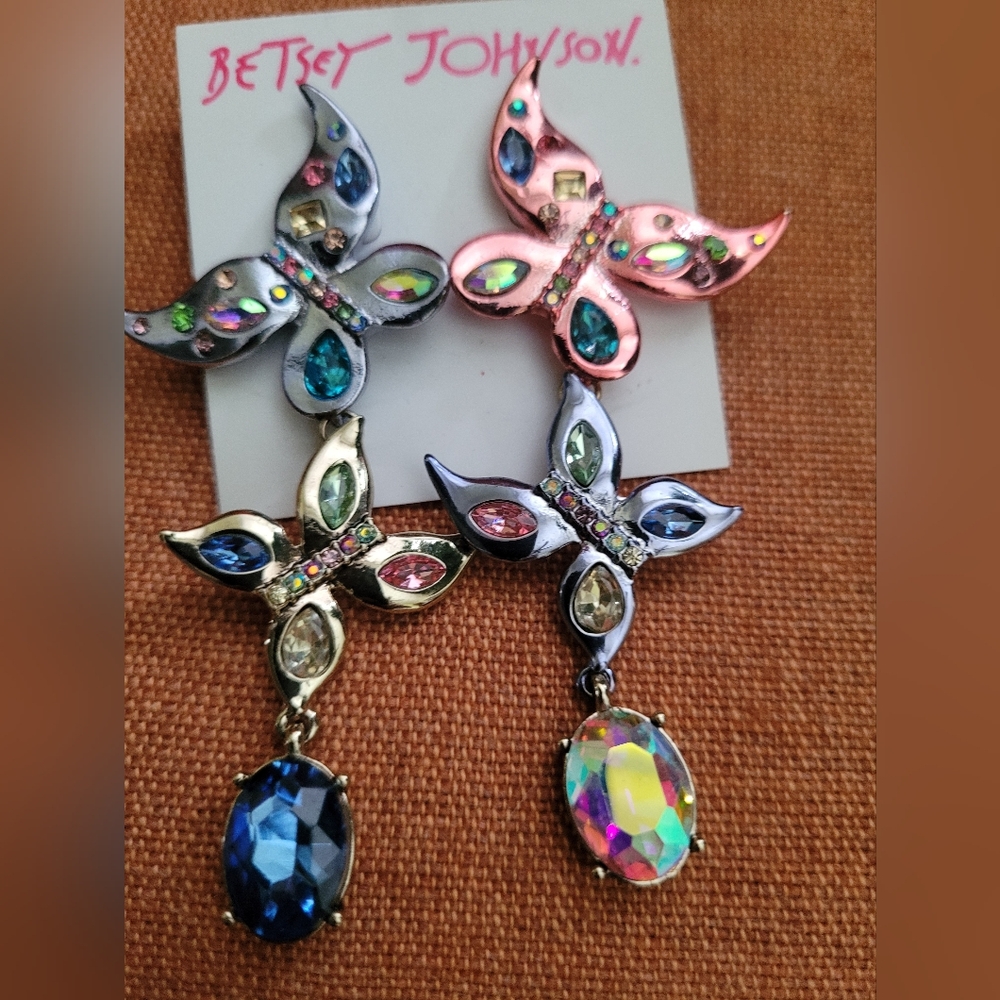Betsey Johnson Pink & Multicolor Crystal Butterfly Drop Earrings. New Never Worn
